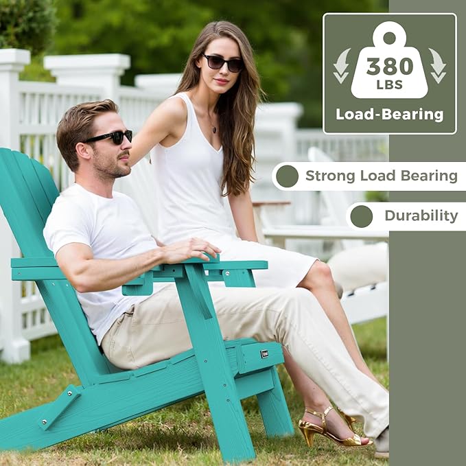 Folding Adirondack Chair Wood Texture 4 Pack, HDPE All-Weather Fire Pit Chairs, Plastic Adirondack Chairs with 2 Cup Holder, Outdoor Lawn Chair for Patio Garden (Lake Blue)