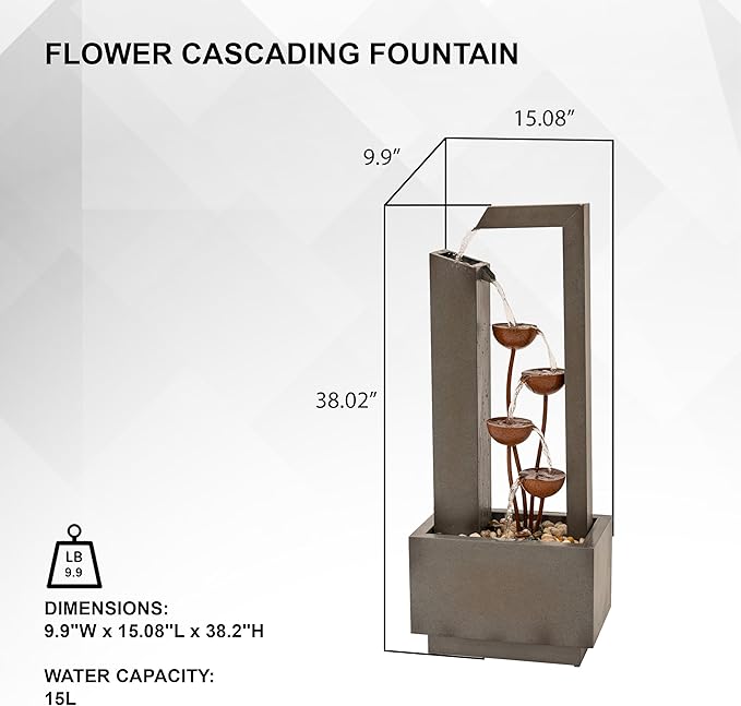 XBrand Metal Sculptural Multi-Tiered Flower Water Fountain, Gray and Bronze, 38" Tall