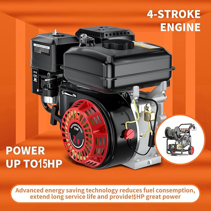 4400PSI Gas Pressure Washer with Hose Reel, 4 GPM, One-Button Electric Start 296cc 15HP Commercial Pressure Washer with 50FT 3/8" Hose, Spray Gun & Wand, 5 Quick Connect Nozzles