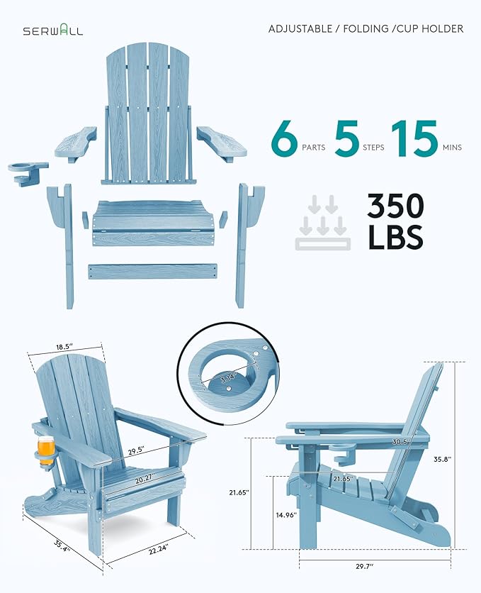 SERWALL Folding Adirondack Chair Set of 2, Adjustable Adirondack Chair with 3 Recline Positions, All Weather HDPE Outdoor Adirondack with Cup Holders, Light Blue