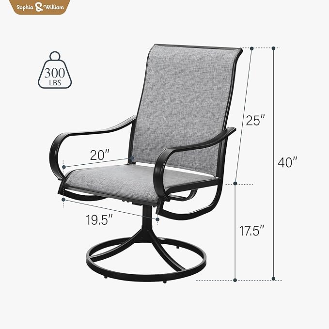Sophia & William Patio Chairs Set of 2, Swivel Outdoor Chairs Textilene Patio Dining Chairs Heavy Duty with Metal Frame Support 300lbs for Lawn Yard Garden All Weather Grey