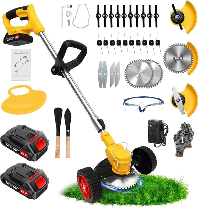 21V Electric Weed Wacker, Cordless Grass Trimmer with 2x2.0Ah Batteries & Fast Charger, Stringless Lightweight Brush Cutter/Edger/Mower/Trimmer with 4 Types Blade for Yard & Garden