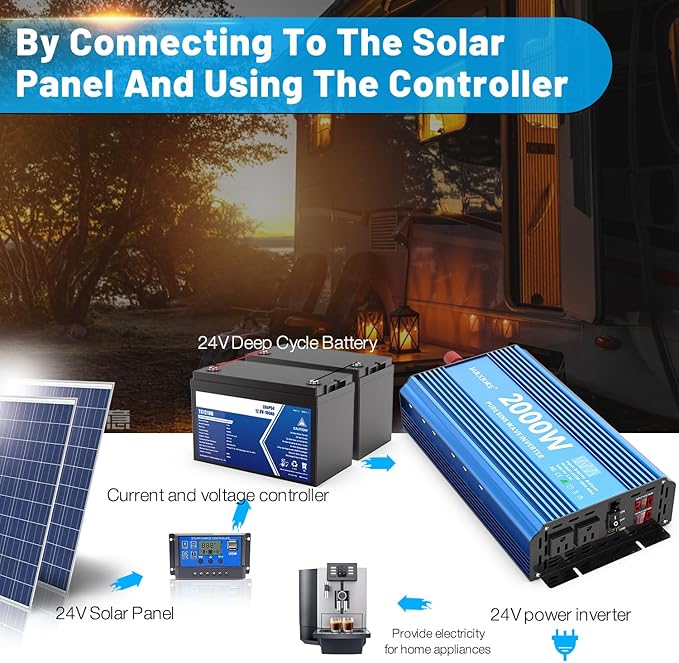 2000 Watt Pure Sine Wave Power Inverter, 12V DC to 110 Vdc to 120 Vdc, for Home, RV and Off-Grid Solar Systems, with 2 AC Outlets and USB Port, LCD Display, with Remote Control
