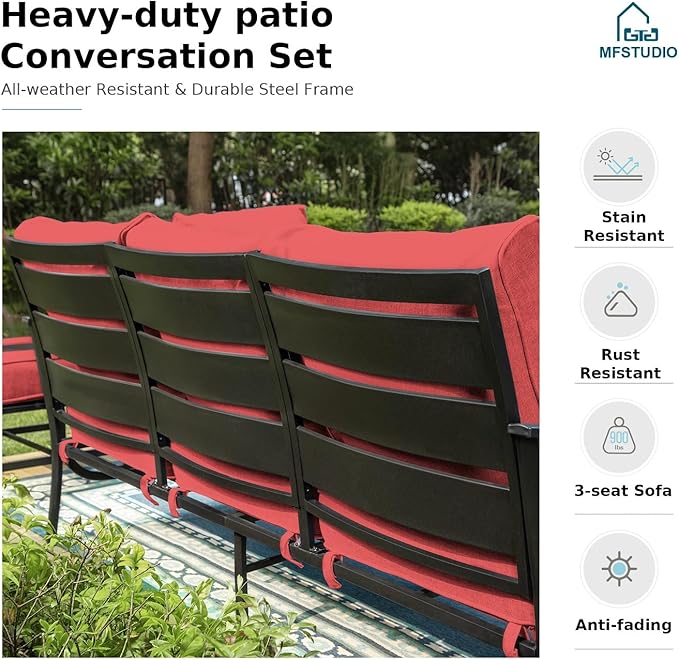 MFSTUDIO 6 Pieces Patio Furniture Sets with 45" Gas Fire Pit Table(Up to 7 Seat),Outdoor Metal Frame Patio Conversation Sofas with 1 x 3-Seat Sofa, 2 Swivel Chairs and 2 Ottoman, Burgundy Cushion