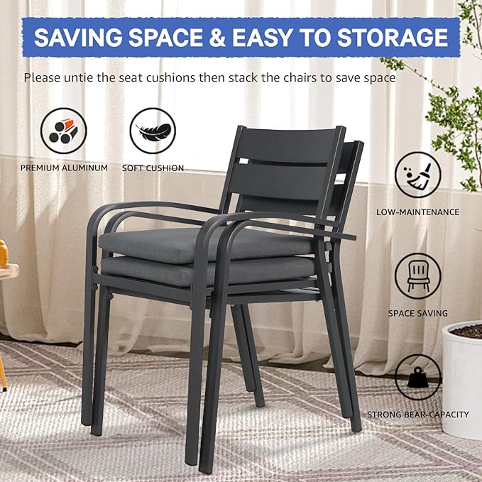 Soleil Jardin Outdoor Aluminum 2-Piece Patio Dining Chairs with Cushions, Stackable Bistro Chairs for Balcony, Garden, Backyard, Dark Grey Finish & Grey Cushion