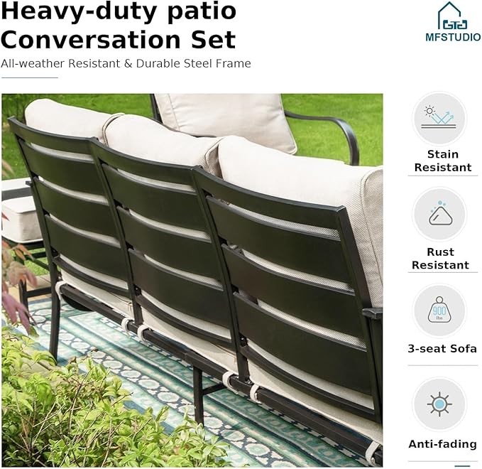 MFSTUDIO 4 Pieces Patio Conversation Sets, All Weather Metal Frame Outdoor Furniture Set Patio Sofas with 1 x 45 Rectangular Propane Fire Table, 1 x 3-Seat Sofa, 2 x Rocking Chairs, Beige Cushion