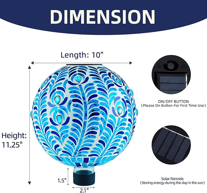 VOREEN Solar Gazing Ball, 10" Mosaic Glass Gazing Globe with Solar Light, Handmade Outdoor Yard Decor Sphere for Patio Lawn Garden, Gift for Mom Wife Friend, Peacock Feather Design (Blue)