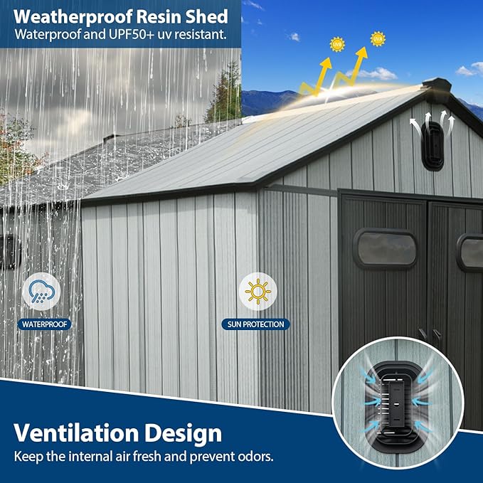 Domi 8×8ft Outdoor Resin Storage Shed - 387+ Cubic Ft Weatherproof Double-Wall Yard Shed with Skylight, Lockable Door and Carpet, Heavy-Duty Steel Frame Storage Building for Lawn Mower, Bike, Tools