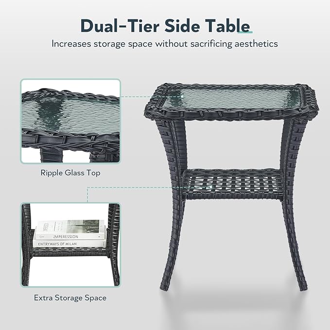 7 Piece Patio Furniture Set with Fire Pit Table - Wicker Patio Conversation Set with 4 Swivel Glider Chairs and 2 Tempered Glass Side Tables for Deck Backyard - Black Wicker Beige Cushion
