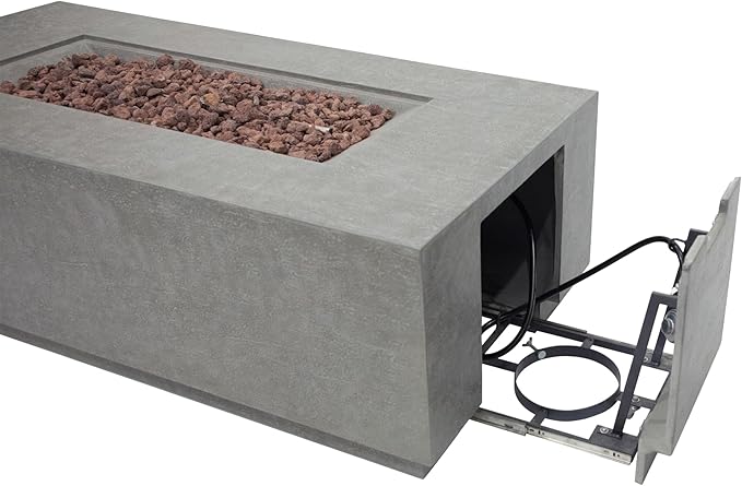 Elementi Andes Propane Gas Fire Pit Table Bundle Cast Concrete with Concealed pullout Propane Tank Storage Drawer | Electronic Ignition | Canvas Cover, Lava Rock Included | Light Gray (Propane Gas)