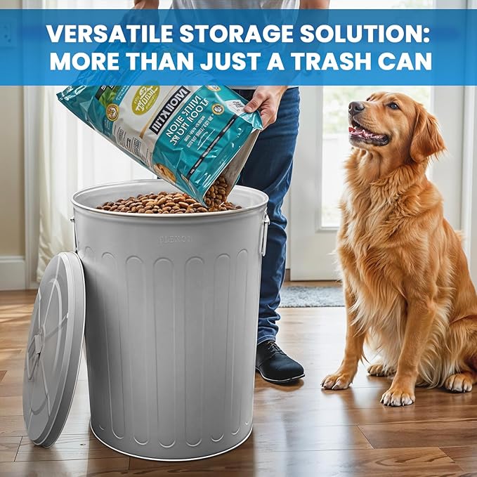 Plexon Large Metal Trash Can with Lid 20 Gallon, Decorative Outdoor Trash Can Heavy Duty Galvanized Metal Bucket with Lid for Garage Workshop Ash Storage Farmhouse, Gray 3 Pack