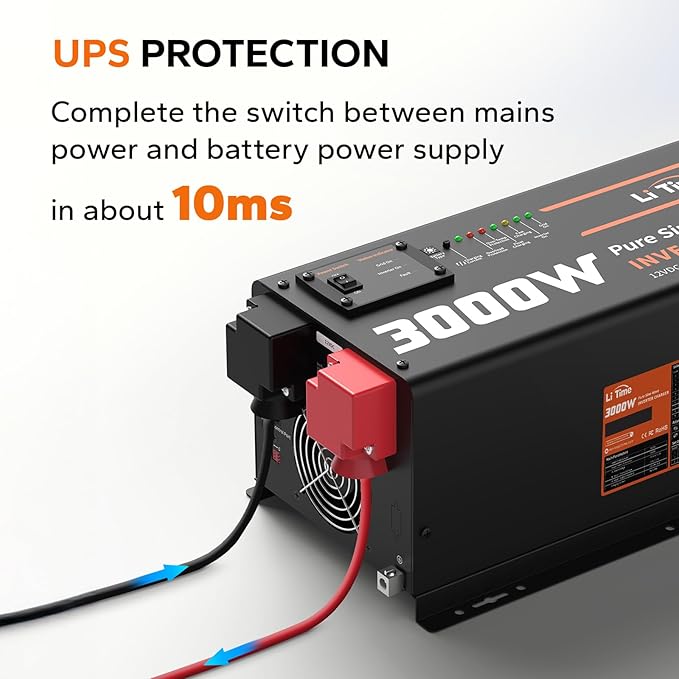 LiTime 3000W Inverter Charger, Pure Sine Wave Inverter 12V DC to 120V AC, 9000W Peak Power, UPS Function, 5A - 45A Adjustable Current, LCD Remote Control for RV, Home Backup, Truck, Boat