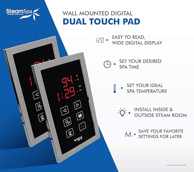 SteamSpa 7.5kW Steam Sauna Generator Executive Bundle 240V Steam Generator with Touch Pad, Steamheads, Pressure Relief Valve, Built-in Auto Drain, LED Light, Filter and Quick Install Kit EXT750CH-A