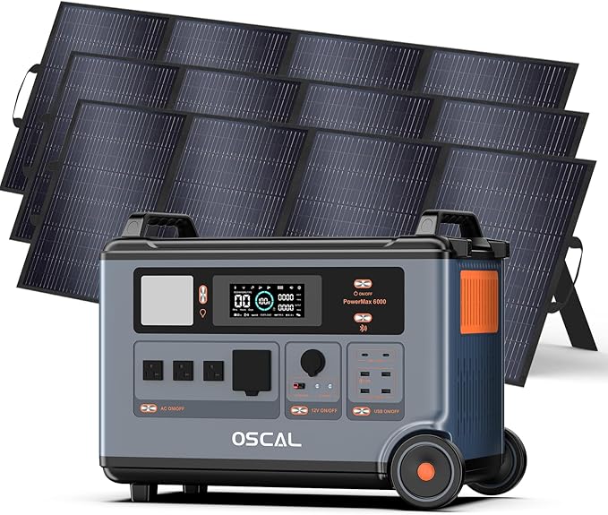 OSCAL Promax6000 Solar Generator 6000W(Peak 7200W) with 3x400W Solar Panel,120V/240V Dual Voltage Portable Power Station,3600WH Lifepo4 Battery 14 Outlets,2200W 1.96H Fast Charge,for Home Backup,RV.
