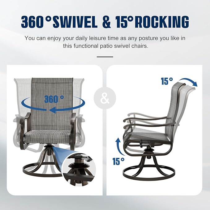 UDPATIO Patio Swivel Dining Chairs Set of 6, Outdoor Dining Chairs High Back with All Weather Breathable Textilene, Metal Rocking Frame for Lawn Garden Backyard, Gray White