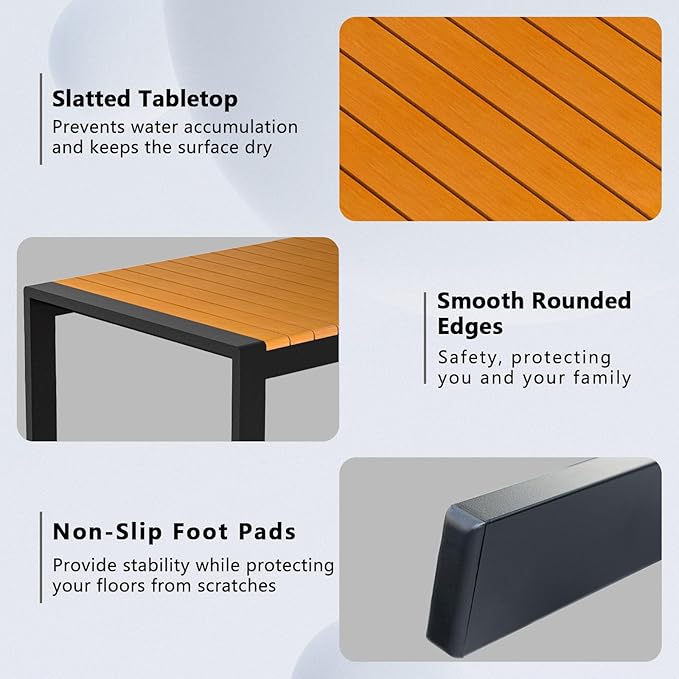Aluminum Outdoor Coffee Table - Black Rectangle Patio Tables with Teak Top for Deck, and Poolside
