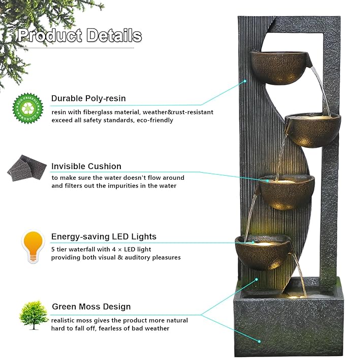 Outdoor-Water-Fountain Waterfalls Garden Fountain 5-Tier Outdoor Floor Standing Water Fountains with Natural Stones, LED Lights, Pump for Garden, Living Room, Patio, 49.2 Inches Tall