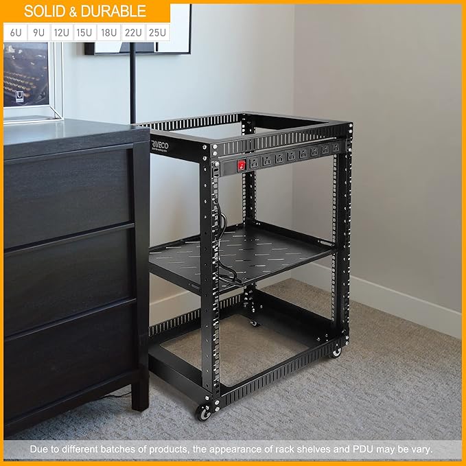 RIVECO 19" 12U Server Rack Open Frame with Wheels + PDU (8 Outlets) Power Strip Surge Protector + 1U Rack Shelf Cantilever Tray Set Black