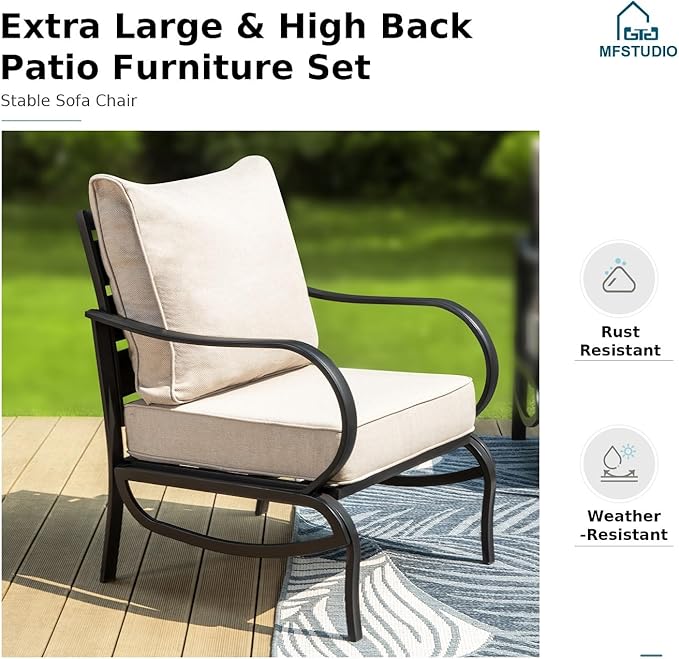 MFSTUDIO 6 Pieces Patio Furniture Sets with 45" Gas Fire Pit Table(Up to 7 Seat),Outdoor Metal Conversation Sofas with 1 x 3-Seat Sofa, 2 Sofa Chairs and 2 Ottoman,Beige Cushion