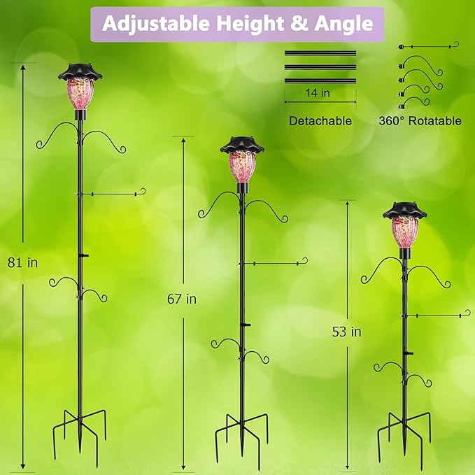 LUJII Solar Shepherds Hooks for Outdoors, Bird Feeder Pole with 4 Adjustable Hangers and 1 Flag Holder, Garden Stand for Hummingbird Feeders, Wind Chimes, Plant Baskets, Lanterns (Purple)
