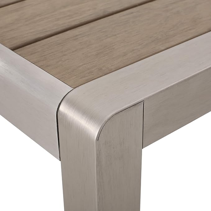 Great Deal Furniture Hannah Outdoor Modern Aluminum Dining Table with Faux Wood Table Top, Natural and Silver