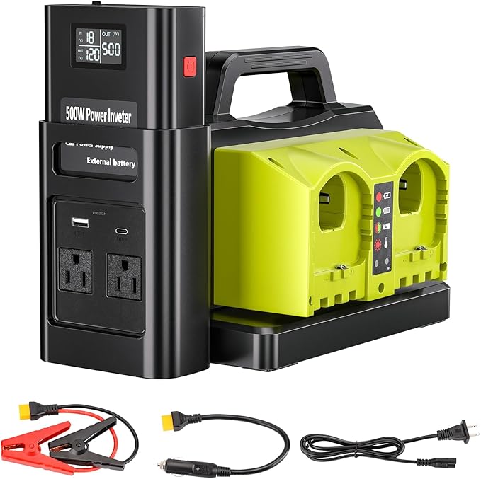 500W Pure Sine Wave Power Inverter for Ryobi 18V Battery, 4-Ports DC 18V to AC(2 Outlets) 120V Car Charger Plug Inverter Adapter Converter for Camping, Travel, Emergencies(Tool Only)