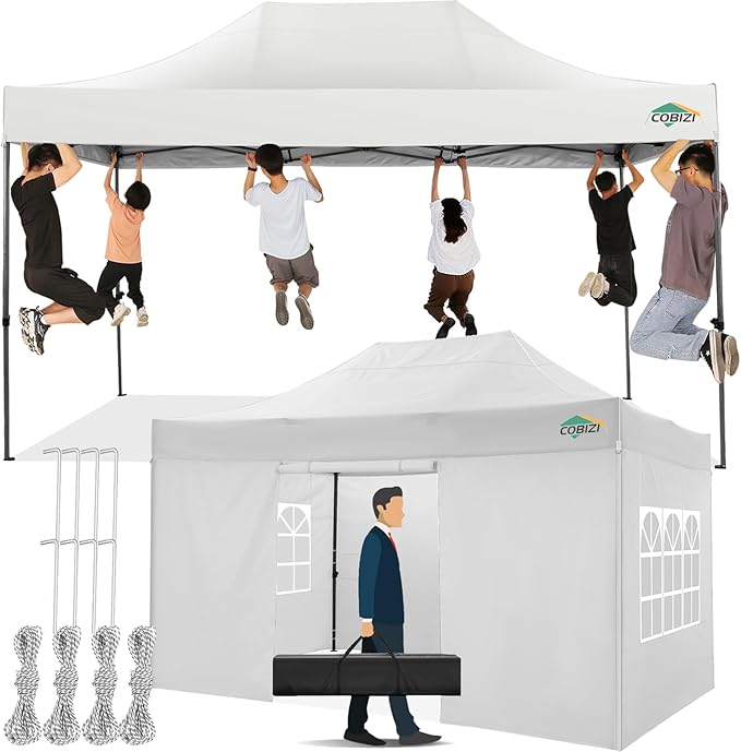 COBIZI 10x15 Pop up Canopy Tent 10x15 Canopy with 4 Sidewalls Waterproof Heavy Duty Commercial Canopy Tent for Parties Outdoor Tent Garden Gazebo Tent, Carry Bag(10x15ft, White)