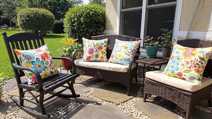 RSH DECOR: Square Throw Pillows Set of 4 | 17” x 17” | All-Weather Spun Fabric | Water and Fade-Resistant | Outdoor Accent Pillows for Patio Furniture | Gregoire Fresco - Made in USA