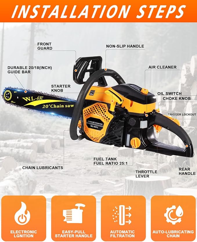 63cc Gas Powered Chainsaw 20 Inch, 3.2KW 2-Stroke Engine, Heavy Duty Gas Chain Saw with 2 Chains & 2 Bars, Automatic Oiler, Anti-Vibration Handle for Logging, Firewood & Tree Cutting