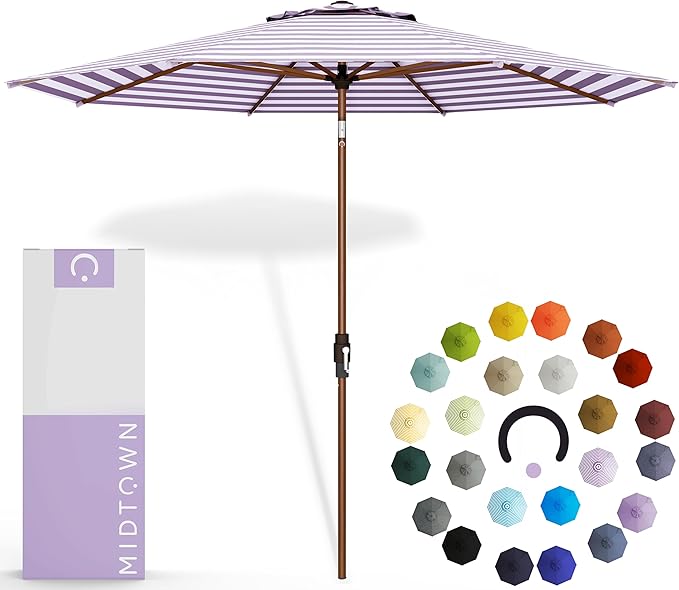 Midtown Umbrellas The Wooden 2-10 Feet Large Patio Umbrella, Terylast Purple & White Stripes Fabric, Aluminum Frame For Backyard Umbrella, Deck Umbrella, Garden Umbrella & Pool - Wooden Pole