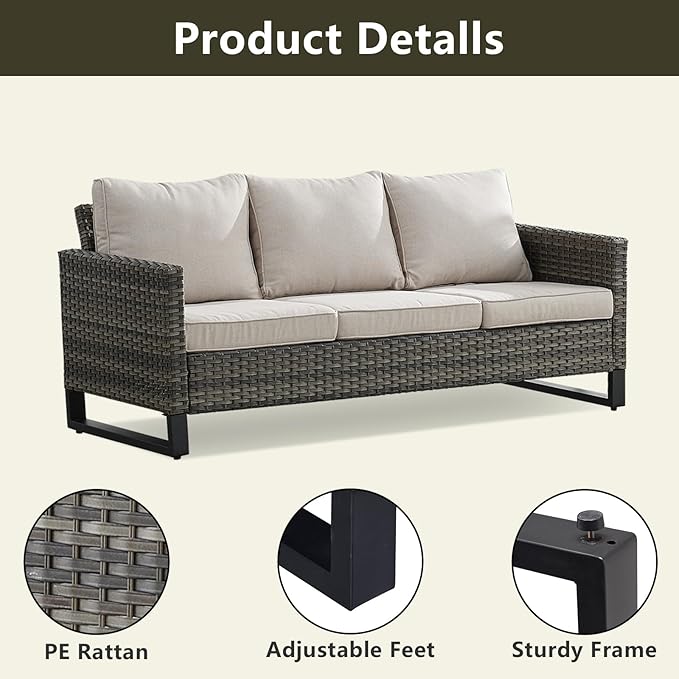 Rilyson Wicker Outdoor Couch Patio Sofa - 3 Seater Rattan Outdoor Patio Couch with Waterproof Wicker,Comfortable Cushions and Sturdy Metal Frame for Outside Porch Deck Backyard(Mixed Grey/Beige)