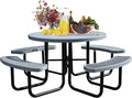 8-Person Picnic Tables for Outdoors, Industrial 46" Expanded Metal Round Picnic Table with 4 Benches & Umbrella Hole, Outside Table and Bench Set for Park, Garden, Backyard, Patio, Grey
