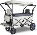 Foldable Wagon with Canopy - Collapsible Utility Cart with 2 Seats & Belts, Adjustable Handle, Expandable Front for Camping, Picnic, Shopping (Beige/Grey)