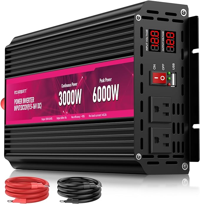 3000W Power Inverter,12V DC to AC 110V120V Peak Power 6000W with 2AC Outlets and 2.4USB Port,LCD Display Car Inverter for Outdoor Activities,Emergency