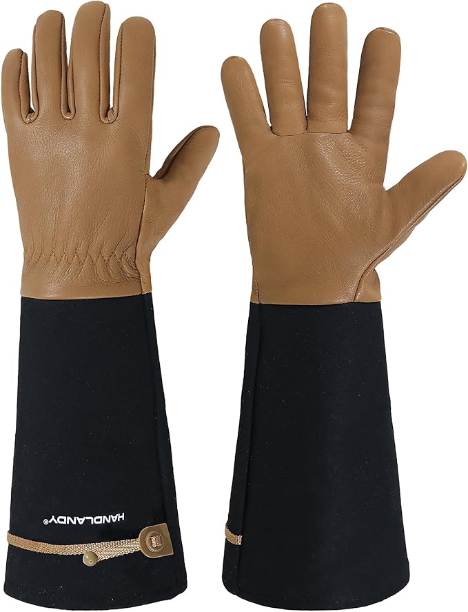 HANDLANDY Long Gardening Gloves for Men & Women, Cowhide Leather Rose Pruning Gloves, Breathable Thorn Proof Gauntlet Glove (Brown-Cowhide, L)