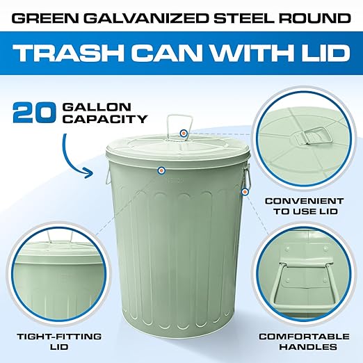 Plexon 20 Gallon Metal Trash Can with Lid Outdoor Large Garbage Can Decorative Trash Can Heavy Duty Powder Coated Metal Bucket with Lid for Garage Workshop Ash Storage Farmhouse, Green