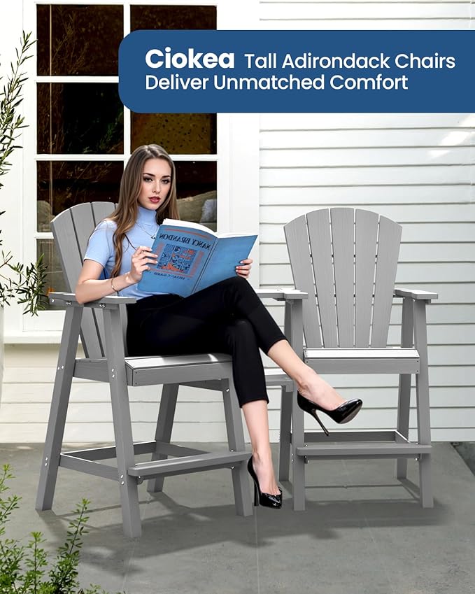 Ciokea Tall Adirondack Chairs Set of 4, HDPE Outdoor High Back Adirondack Chair with Double Connecting Tray, Weather Resistant Balcony Chairs for Deck, Lawn, Pool, Backyard, Gray