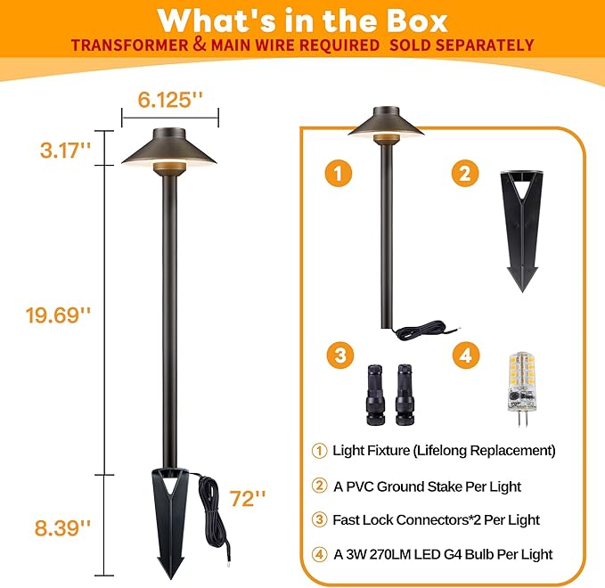 Gardenreet Brass Low Voltage Landscape Lighting - 12V LED Path Lights IP65 Waterproof, Hard-Wired Pathway Light Bronze for Outside Walkway Garden with 3W 2700K Warm White G4 Replaceable Bulb (6 Pack)