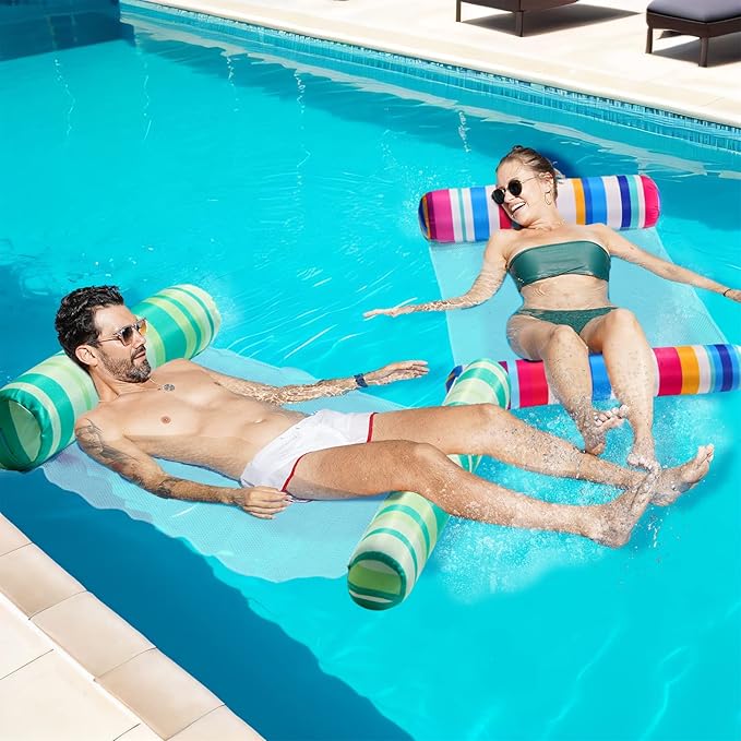 FindUWill 2 Pack Fabric Water Swimming Pool Floats Hammock, XL, Inflatable Multi-Purpose Water Hammocks Floaties (Saddle, Lounge Chair, Hammock, Drifter), Pool Float Lounger for Adults Vacation
