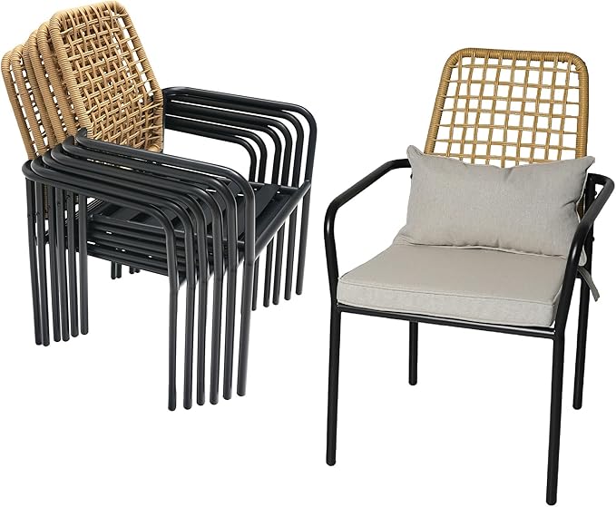 7-Piece Patio Dining Set, 6 Wicker Stacker Rattan Chairs with Gray Cushions ＆ 63'' Rectangular Table All Weahter Frame Furniture Set