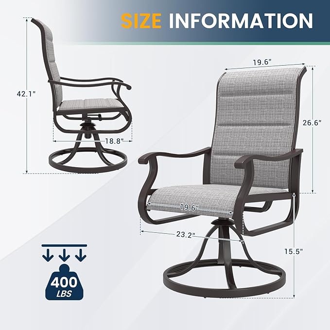 Amopatio Padded Patio Swivel Chairs Set of 6, Outdoor Dining Chairs with Ultra Soft Textilene High Back Seat & Metal Rocker Frame, for Backyard Deck Lawn Garden, Light Gray