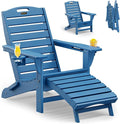 Folding Adirondack Chair with Retractable Ottoman Weather Resistant Fire Pit Chair Patio Chair with 2 Cup Holder Lawn Outdoor Lounge Chair (Navy Blue)