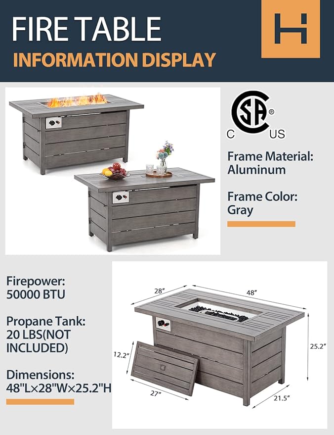 Propane Fire Pit Table, HAPPATIO 48inch 50000 BTU Gas Fire Pit with Aluminum Slats Table Top, Lid, Black Glass Rock, Aluminum Fire Table,CSA Safety Certified for Outside Patio(Gray)