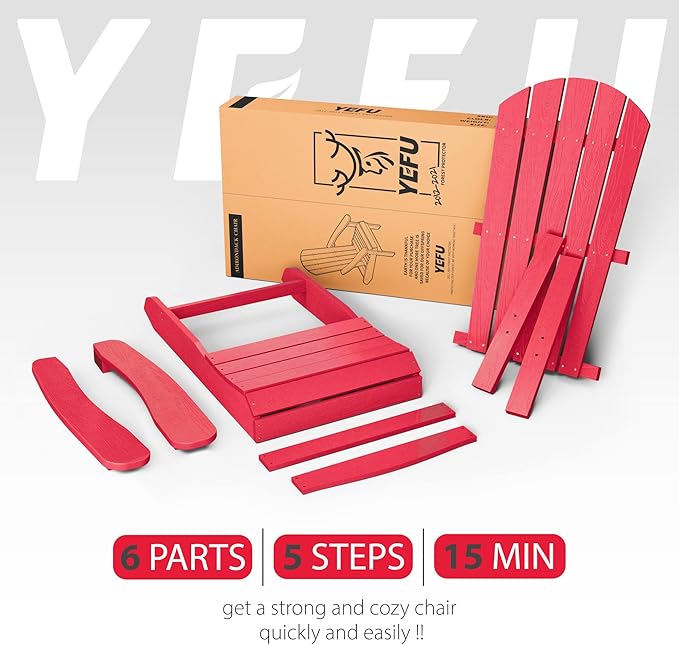 YEFU Adirondack Chairs Set of 8: Plastic Adirondack Chairs - Patio Chairs with Wood Texture - Outdoor Chair HIPS - Lawn Fire Pit Deck Porch Garden Chairs for Adults (Red)