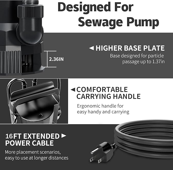 LANCHEZ 1.6HP Sump Pump, 4858GPH Automatic Submersible Water Pump with Float Switch, Electric Transfer Water Pump for Swimming Pool Basement Flooded Pit Sewage Sink Tub