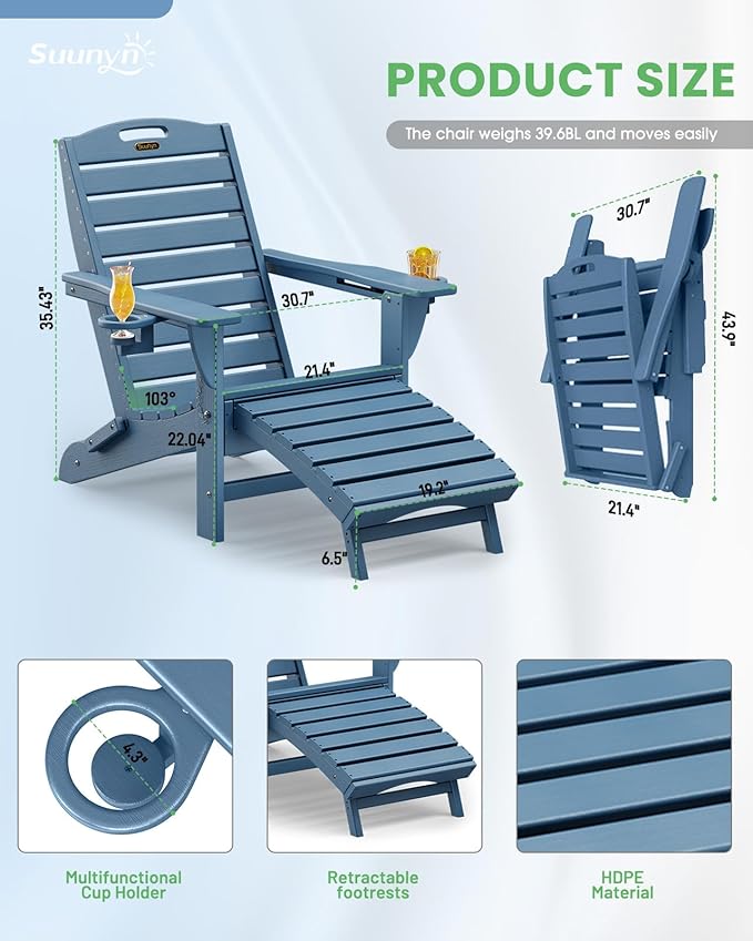 Folding Adirondack Chairs Set of 2,Adirondack Chair with Retractable Ottoman,Plastic Adirondack Chairs with 2 Cup Holder,Weather Resistant Patio Chair,Outdoor Chairs Set of 2(Navy Blue)