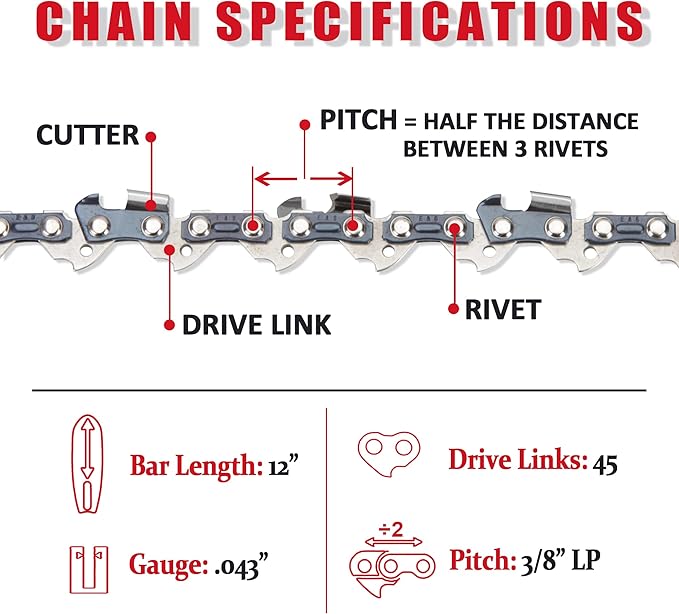 E & S 3 Pack 12 Inch Chainsaw Chain 3/8" LP Pitch .043" Gauge 45 Drive Links Semi-Chisel Chain Saw Chains for Husqvarna, Poulan, Craftsman, Greenworks and More Chainsaw Brands