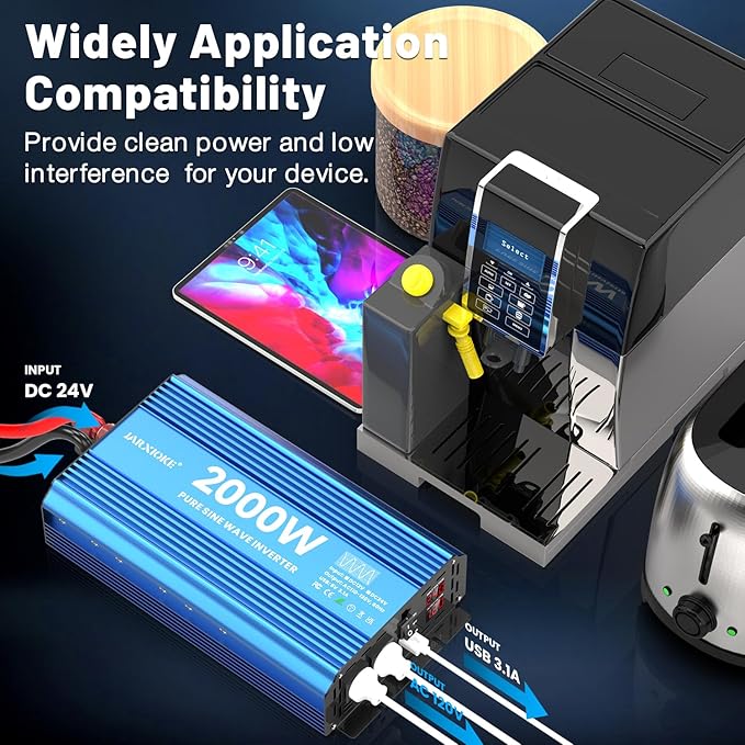 2000 Watt Pure Sine Wave Power Inverter, 24V dc to 110 Vdc to 120 Vdc, for Home, RV and Off-Grid Solar Systems, with 2 AC Outlets and USB Port, LCD Display, with Remote Control