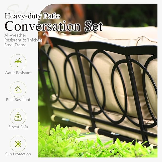 Sophia & William Metal Patio Furniture Set, 7 Seats Outdoor Conversation Set with 3-Seater Sofa, 2 Motion Chairs, 2 Ottoman, 1 Coffee Table for Seating Lawn Porch Backyard,Beige