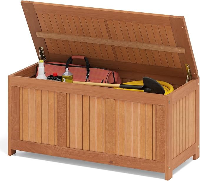 RELAX4LIFE Wood Deck Box, 58 Gallon Backyard Storage Bin Container for Patio Furniture Cushions, Pillows, Garden Tools, Pool Accessories, Wooden Porch Bench, Indoor Outdoor Storage Box (58 Gal)
